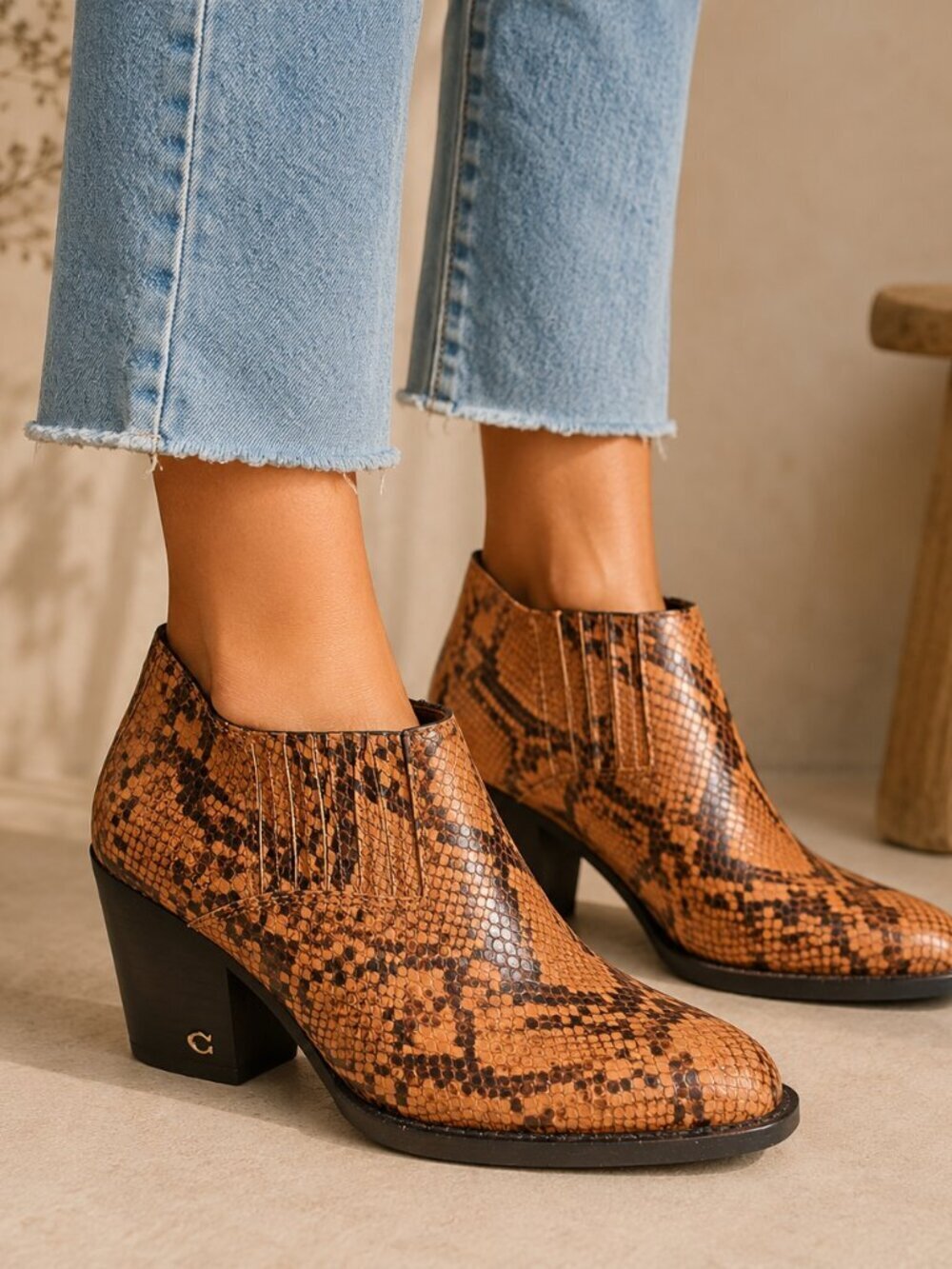 Coach Perri Bootie Ankle Boots Womens 5 C Brown Leather Snake